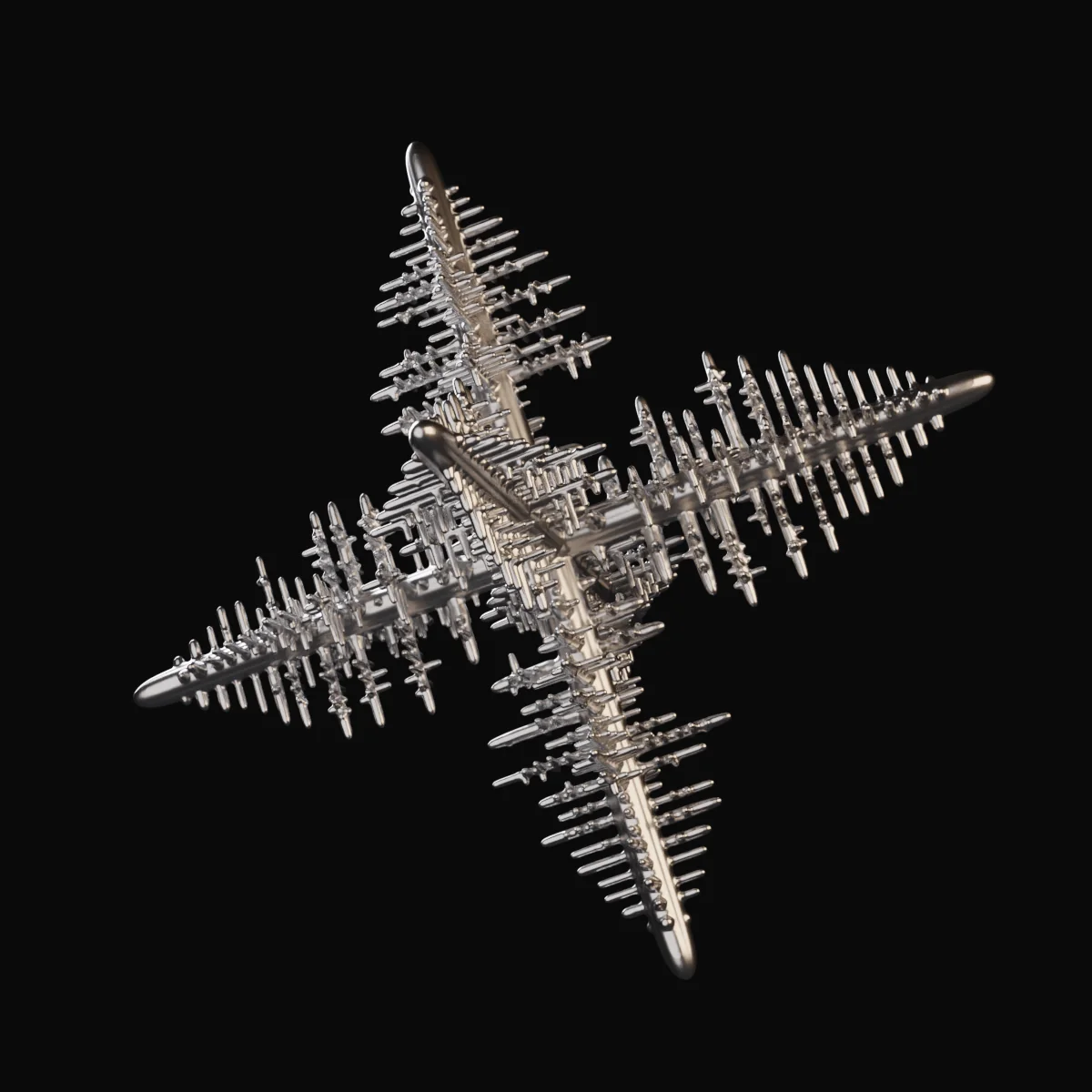A rendered dendrite, a cubic metal crystal with a satin finish, on a dark background: six main arms along the axes of a cube, each lined with rows of side branches, the longest carrying smaller branches of their own.